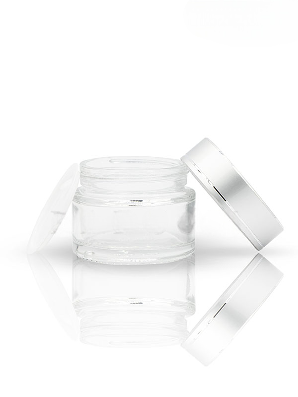 50GM Clear Glass Jar with Matt Silver Diamond Cut Cap with Lid & Wad