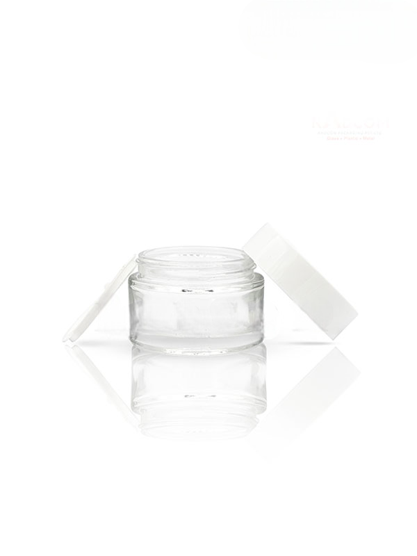 30GM Clear Glass Jar with White Cap with Wad & Lid