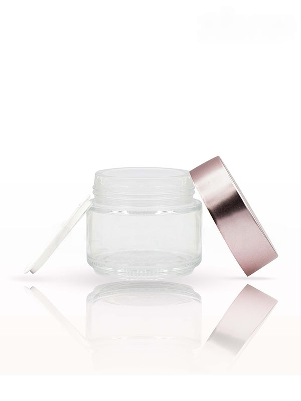 100GM Clear Glass Jar with Matt Rose Gold Cap with Lid & Wad