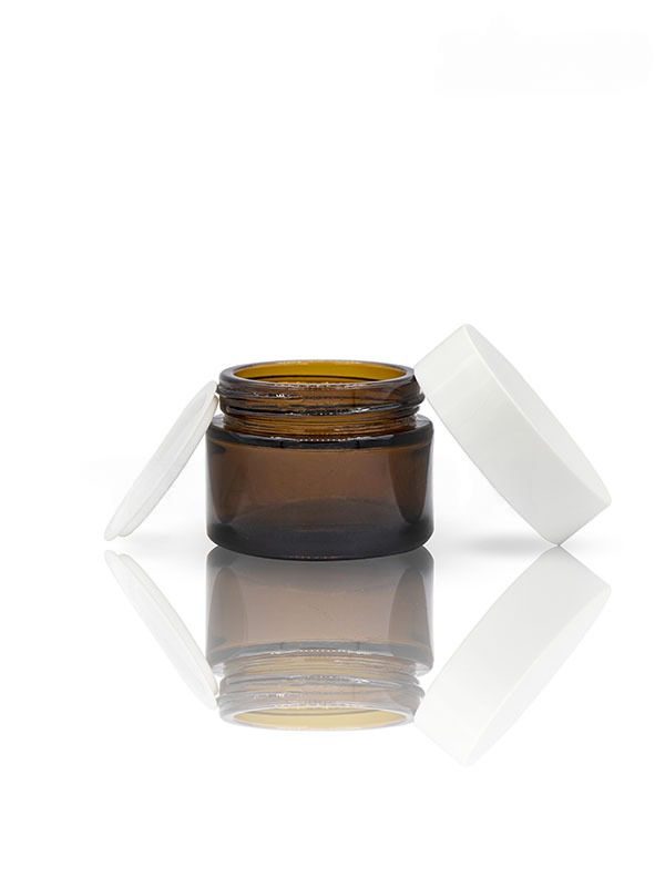 30GM Amber Clear Glass Jar with White Cap with Lid & Wad
