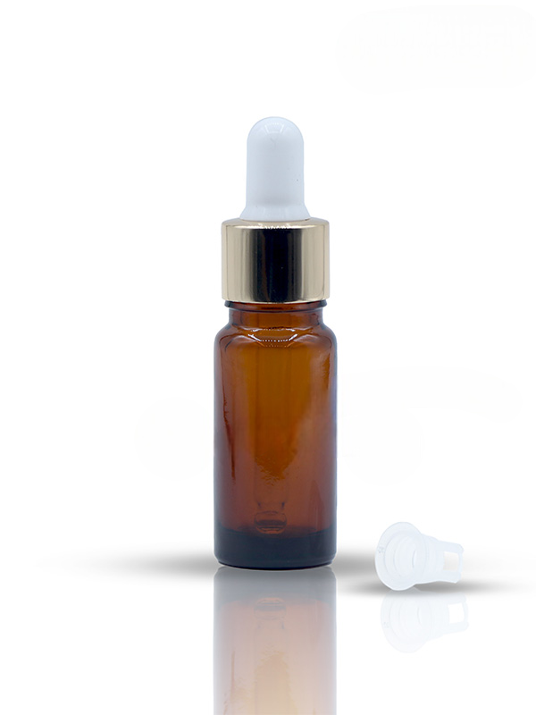 10ML Long Amber Glass Dropper Bottle with Shinny Golden Dropper Set With White Teat and Plug