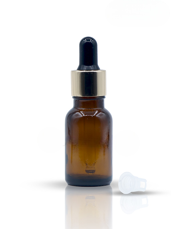 15ML Amber Glass Dropper Bottle with Shinny Golden Dropper Set With Black Teat and Plug