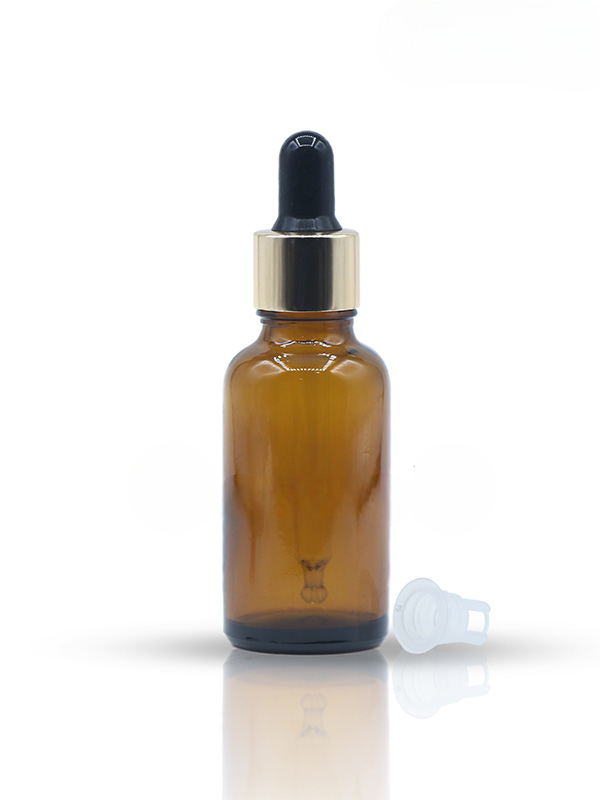 30ML Amber Glass Dropper Bottle with Shinny Golden Dropper Set with Black Teat and Plug
