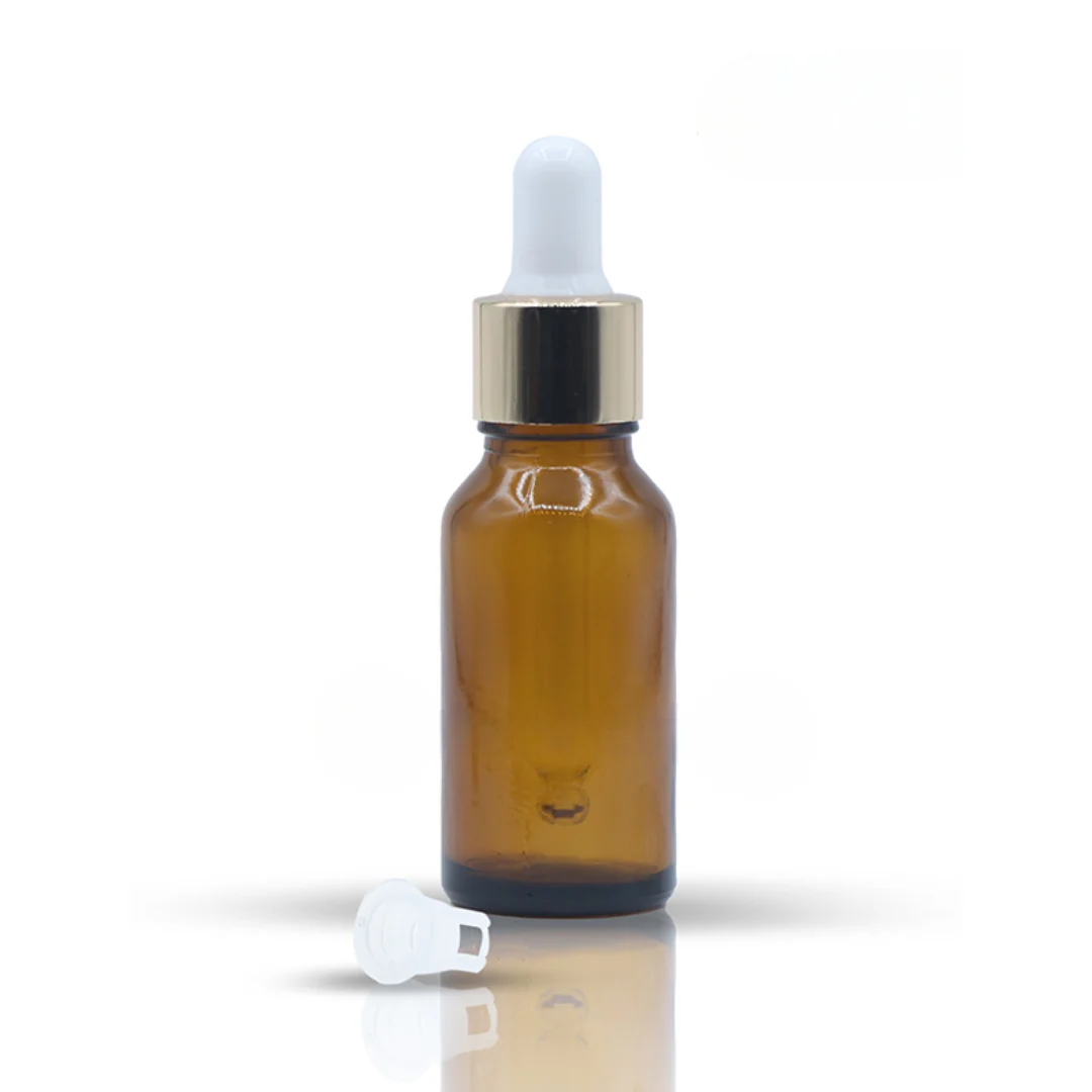 20ML Amber Glass Dropper Bottle with Shinny Golden Dropper Set with White Teat and Plug