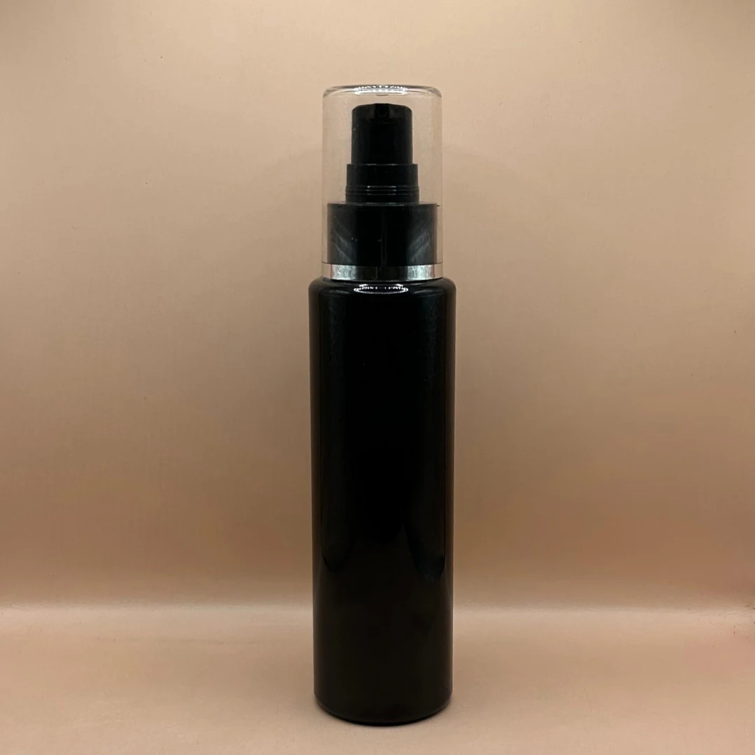 100ML PET Sleek Bottle Black With 24/410 AS Lotion Pump With Silver Lining Overcap