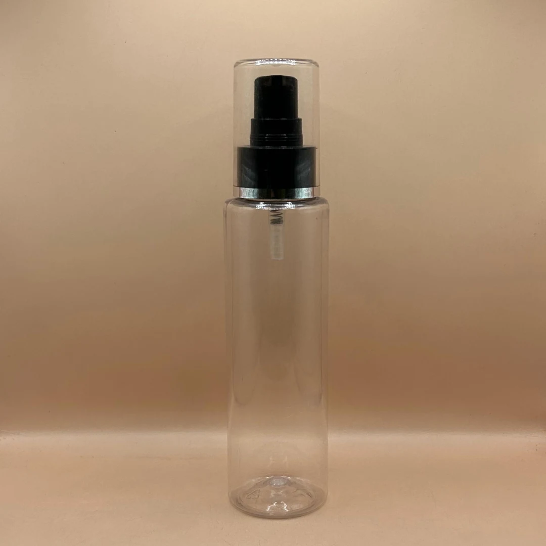 100ML PET Sleek Bottle Clear With 24/410 AS Lotion Pump With Silver Lining Overcap