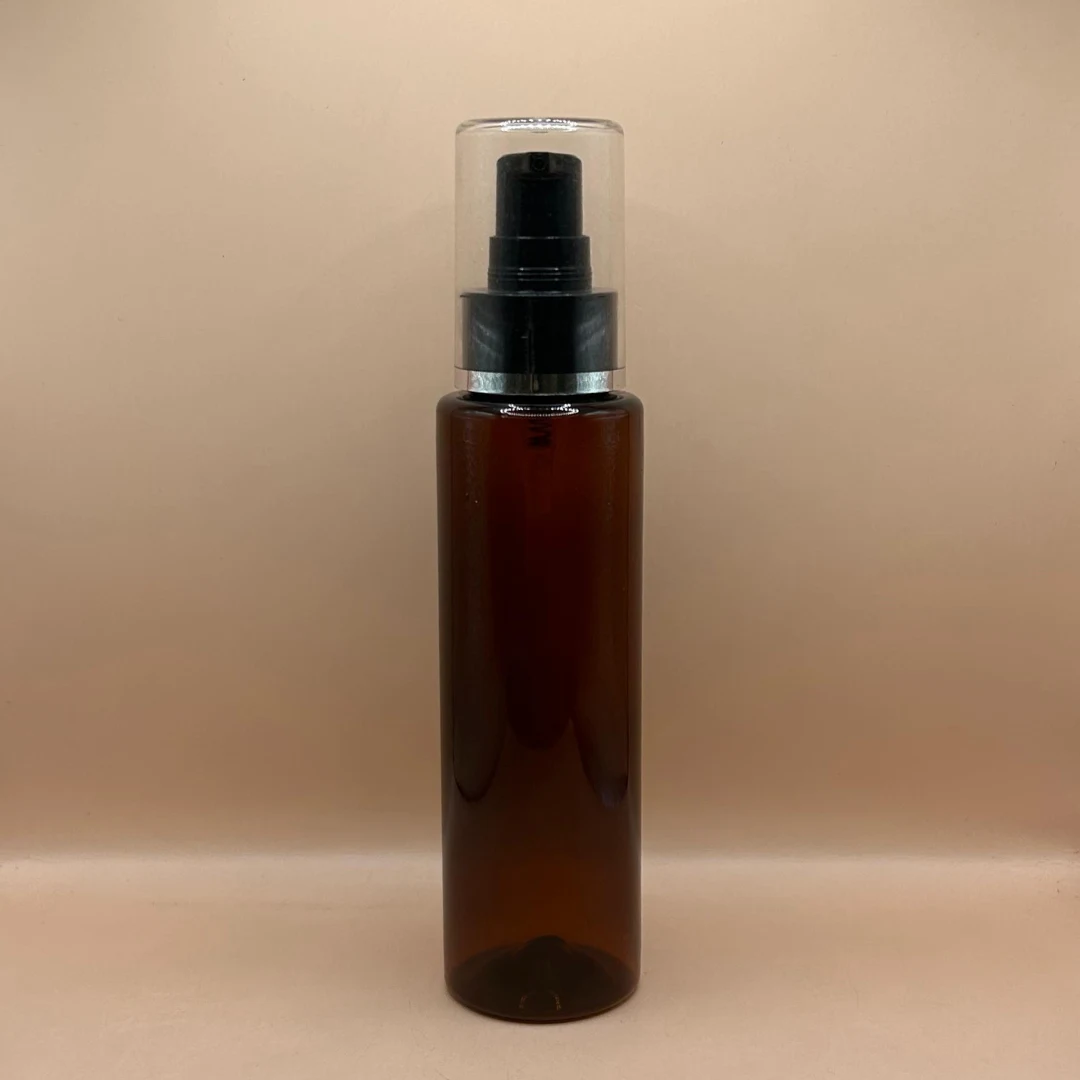 100ML PET Sleek Bottle Amber With 24/410 AS Lotion Pump With Silver Lining Overcap