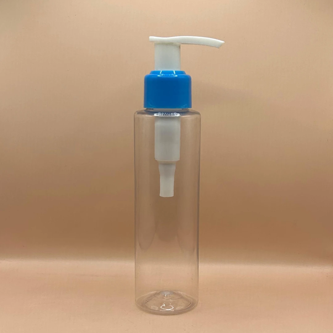 100ML PET Sleek Bottle Clear With 24/410 L1 Dispenser Pump White With Blue