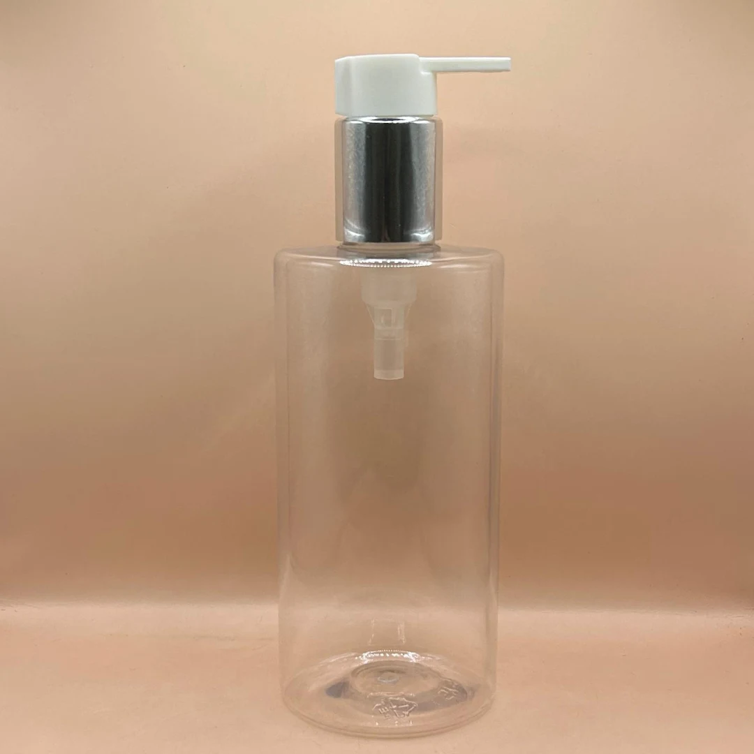 300ML PET Arrow Bottle Clear 24/410 L1 Dispenser Pump White With Silver