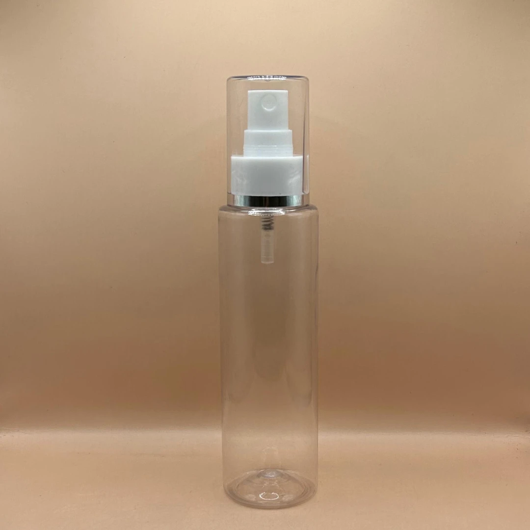 100ML PET Sleek Bottle Clear With 24/410 AS Mist Pump With Silver Lining Overcap
