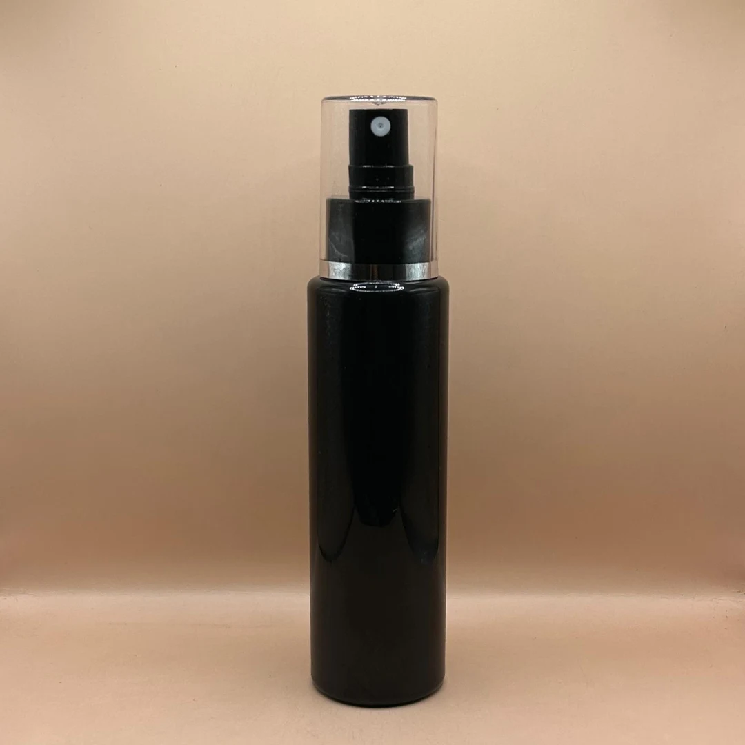 100ML PET Sleek Bottle Black With 24/410 AS Mist Pump With Silver Lining Overcap