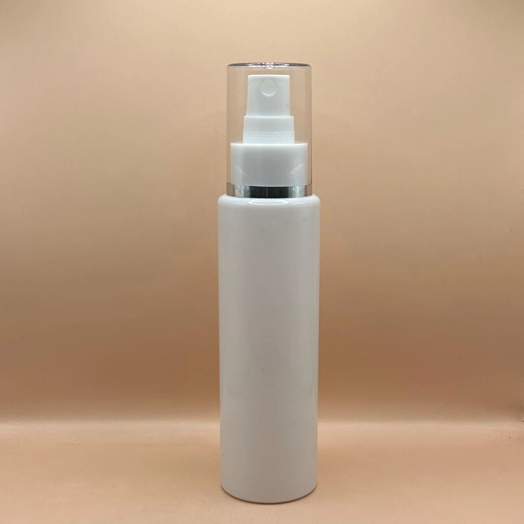 100ML PET Sleek Bottle White With 24/410 AS Mist Pump With Silver Lining Overcap