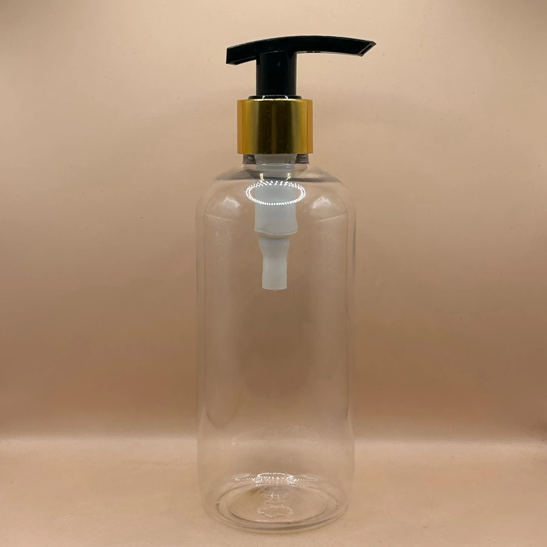 300ML Pet Boston Bottle Clear With 24/410 L3 Dispenser Pump Black With Golden