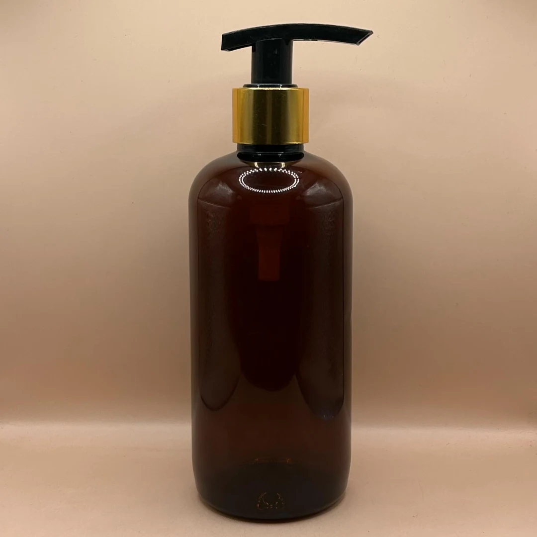 300ML Pet Boston Bottle Amber With 24/410 L3 Dispenser Pump Black With Golden