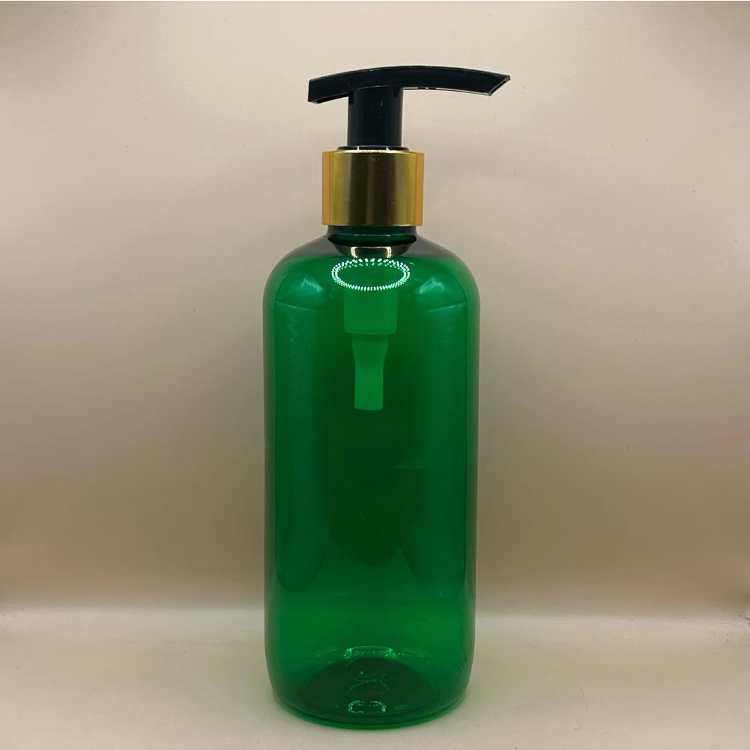 300ML Pet Boston Bottle TR Green With 24/410 L3 Dispenser Pump Black With Golden