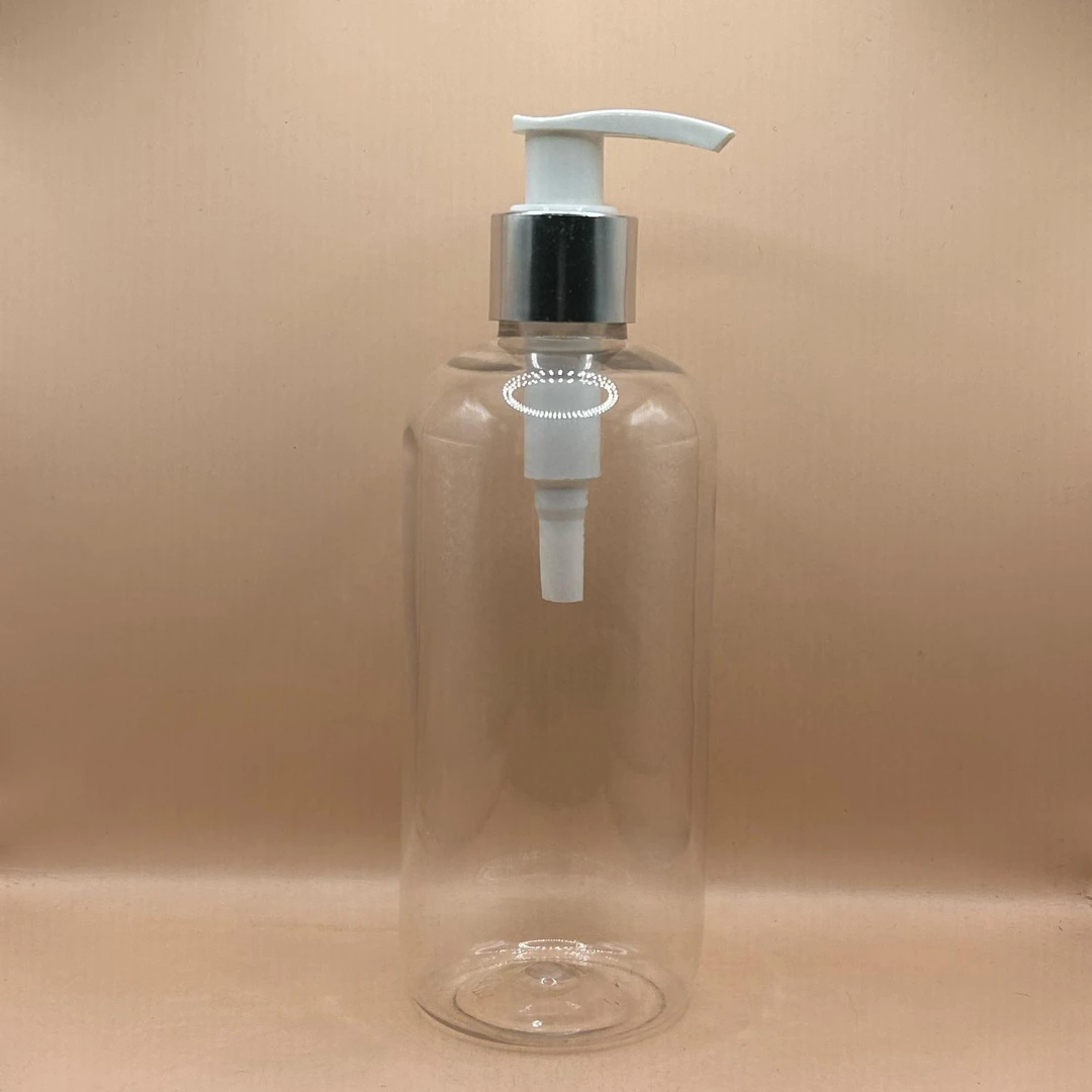 300ML Pet Boston Bottle Clear With 24/410 L1Dispenser Pump White With Silver