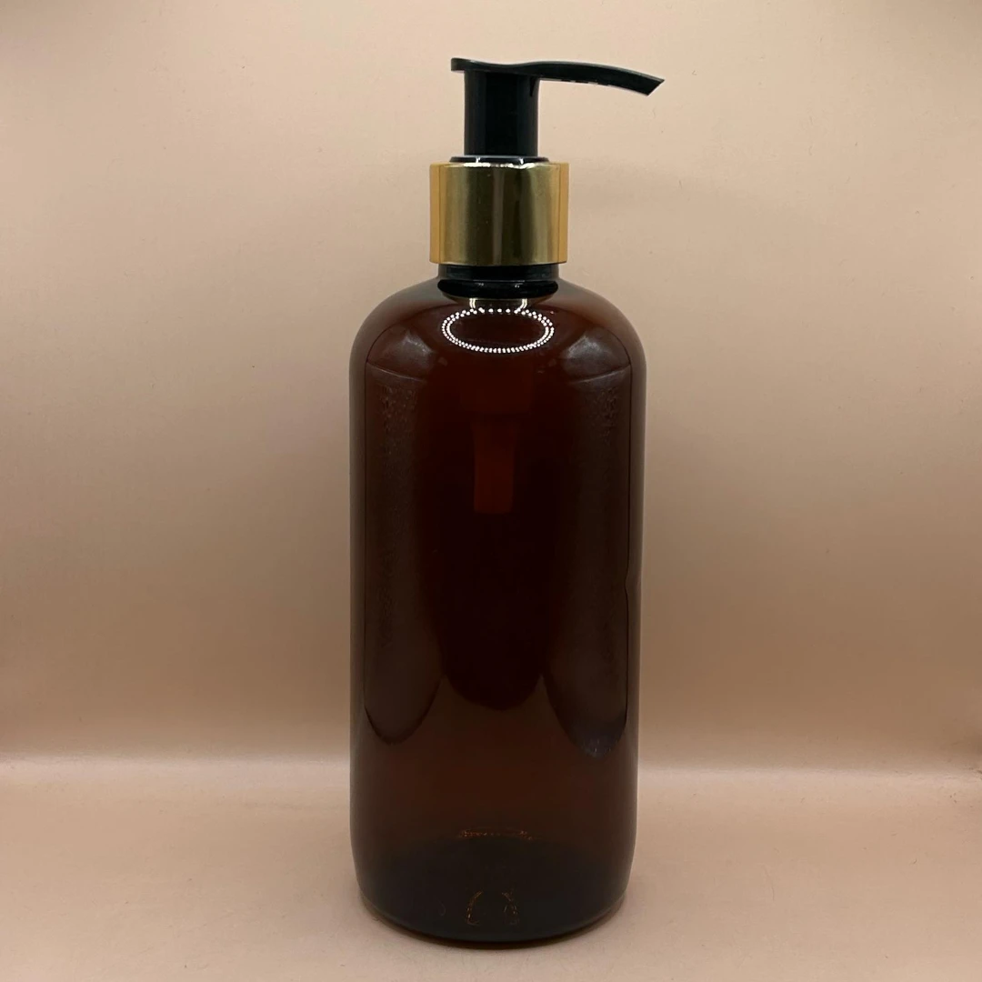 300ML Pet Boston Bottle Amber With 24/410 L1 Dispenser Pump Black With Golden