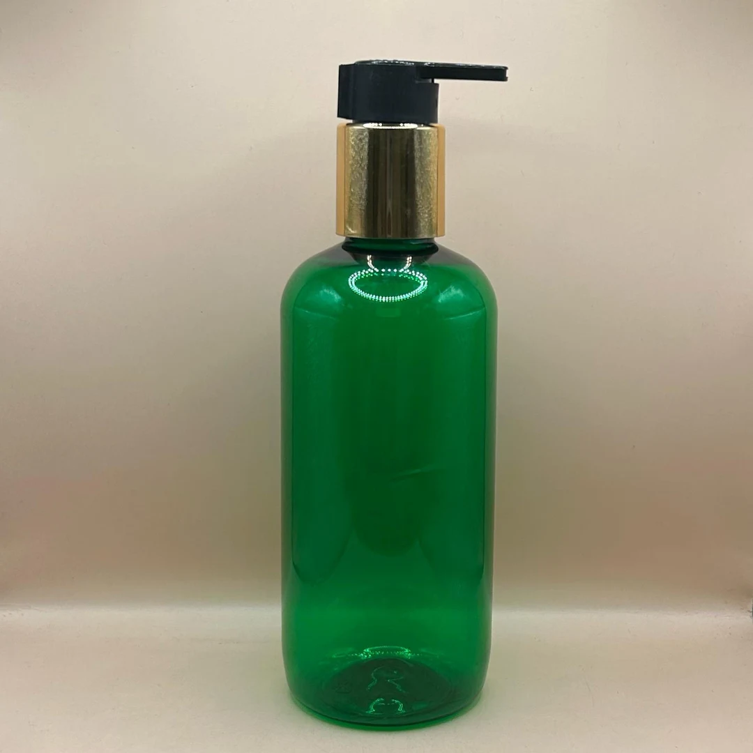 300ML Pet Boston Bottle TR Green With 24/410 Long Beak Pump Black With Golden