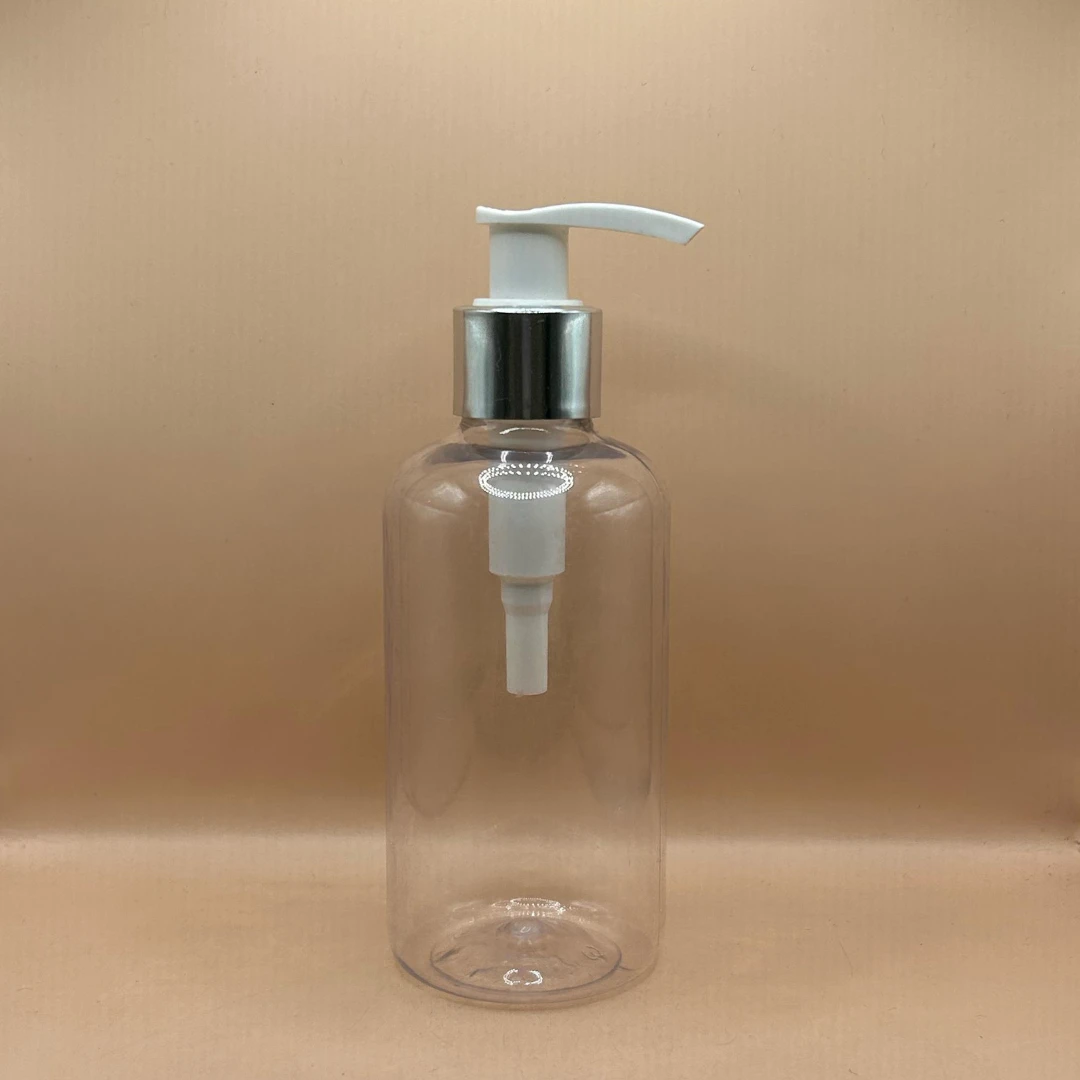 200ML Pet Boston Bottle Clear With 24/410 L1 Dispenser Pump White With Silver