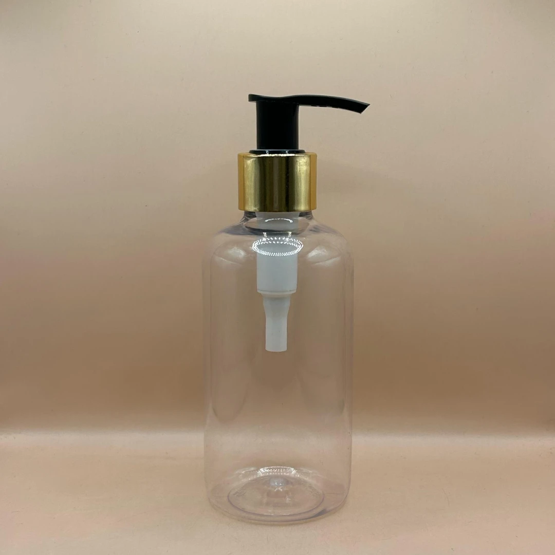 200ML Pet Boston Bottle Clear With 24/410 L1 Dispenser Pump Black With Golden