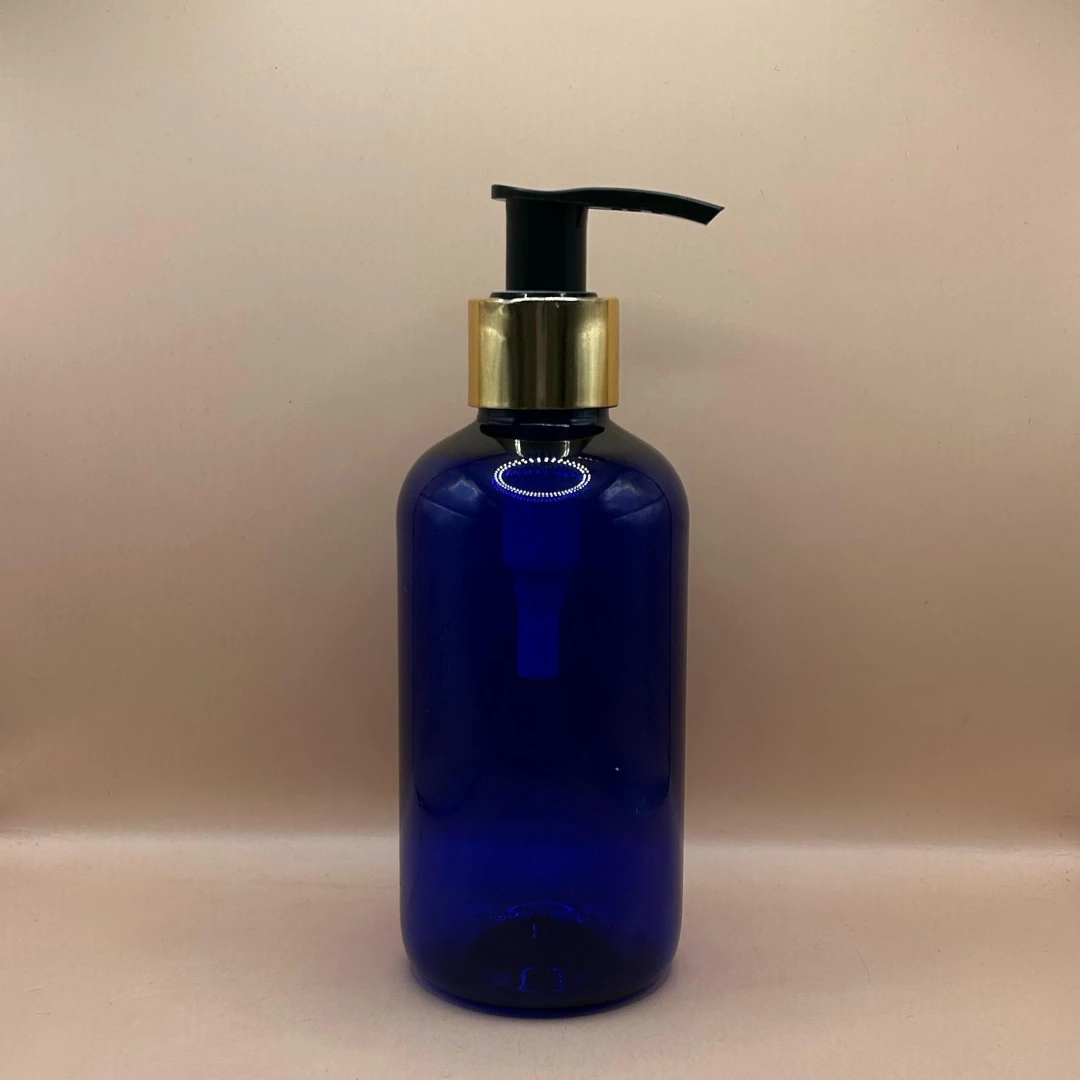 200ML Pet Boston Bottle TR Blue With 24/410 L1 Dispenser Pump Black With Golden