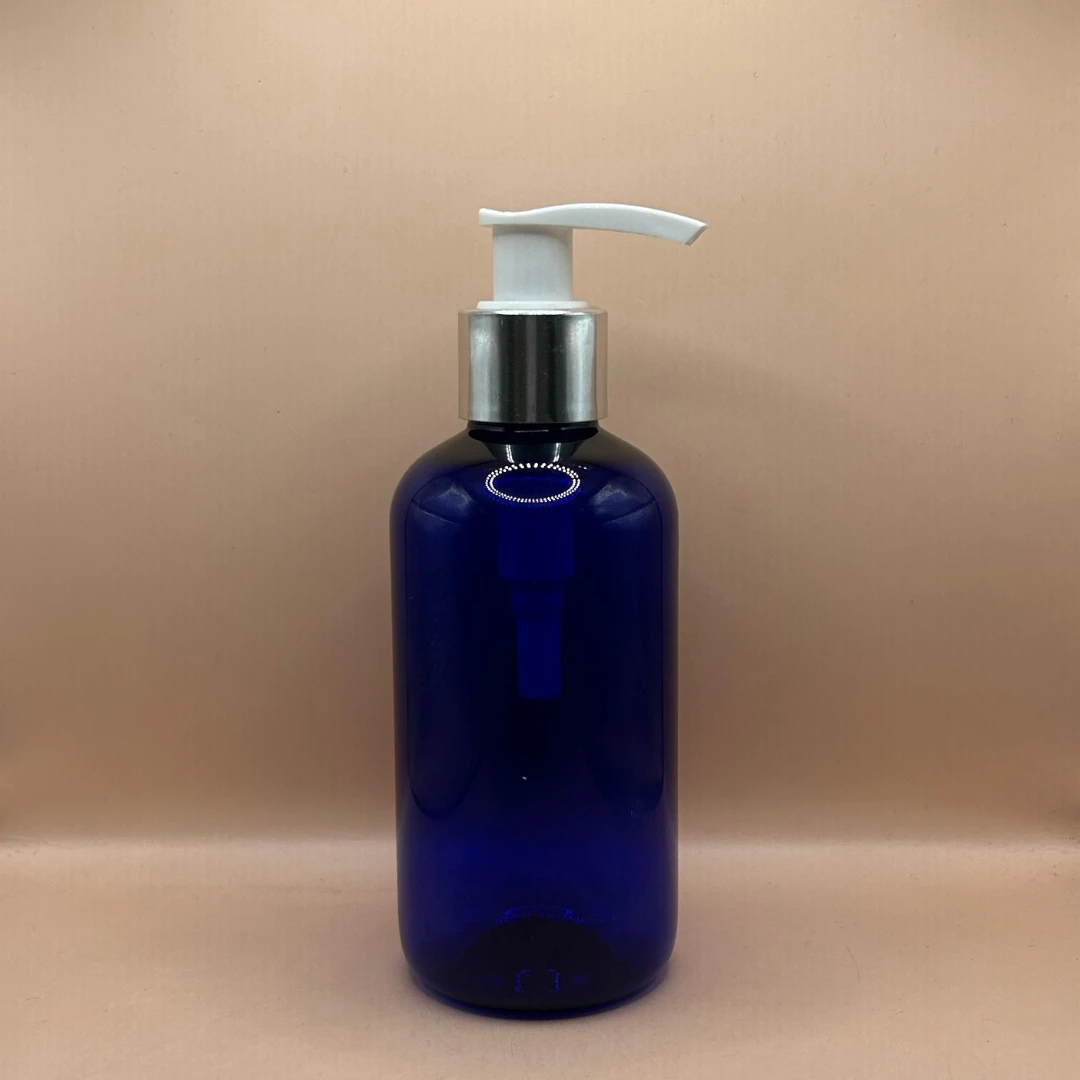200ML Pet Boston Bottle TR Blue With 24/410 L1 Dispenser Pump White With Silver