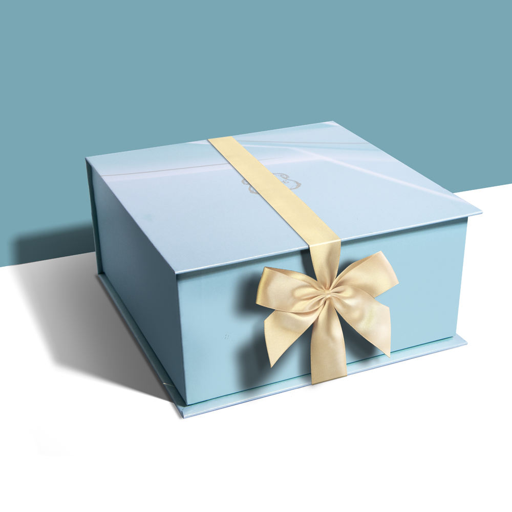 Custom Luxury Wholesale Manufacturer Cardboard Paper Packaging Blue Folding Rigid Gift Boxes with Ribbon